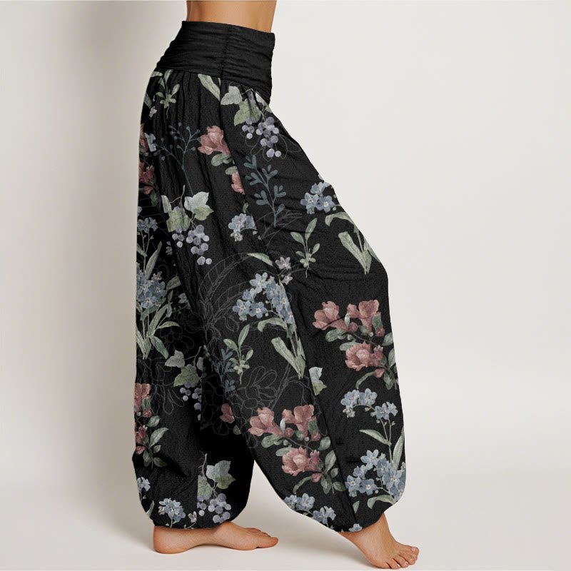 Pantaloni harem da donna con elastico in vita, in puro cotone, con fiori rossi e blu e foglie verdi, motivo Buddha Stones