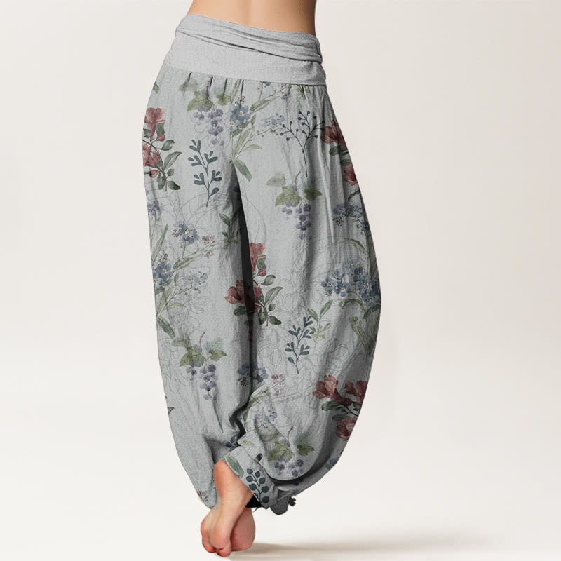 Pantaloni harem da donna con elastico in vita, in puro cotone, con fiori rossi e blu e foglie verdi, motivo Buddha Stones