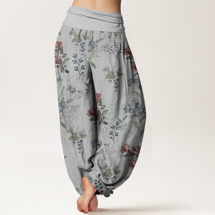 Pantaloni harem da donna con elastico in vita, in puro cotone, con fiori rossi e blu e foglie verdi, motivo Buddha Stones