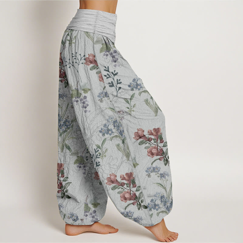 Pantaloni harem da donna con elastico in vita, in puro cotone, con fiori rossi e blu e foglie verdi, motivo Buddha Stones