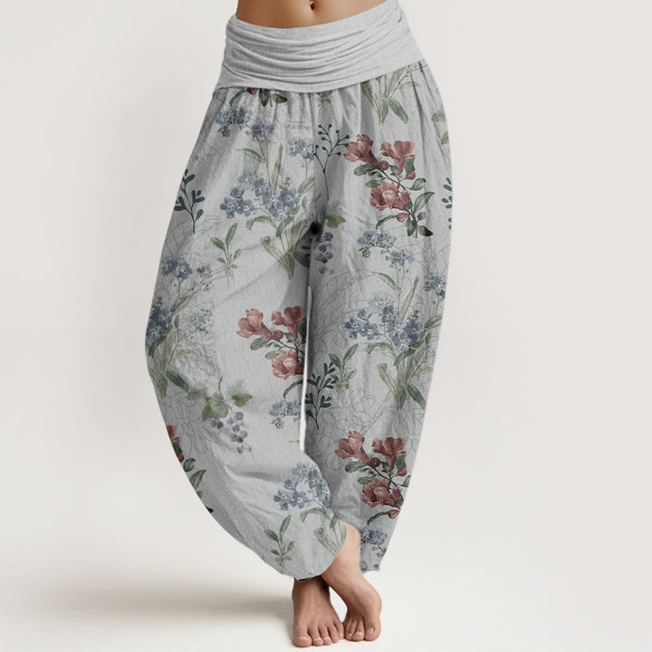 Pantaloni harem da donna con elastico in vita, in puro cotone, con fiori rossi e blu e foglie verdi, motivo Buddha Stones