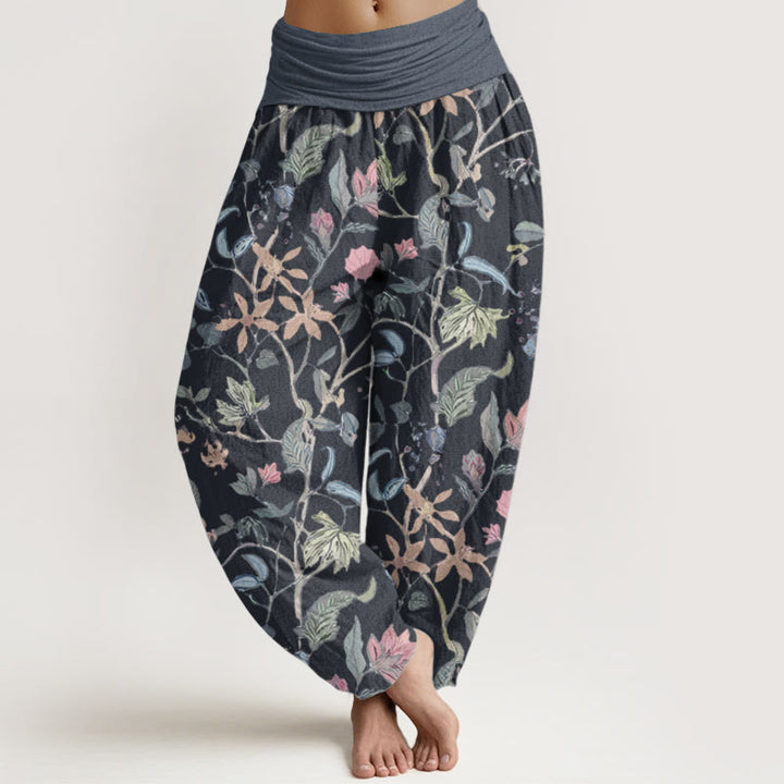 Pantaloni harem da donna con elastico in vita, in puro cotone, con motivo floreale a foglie e viticcio, motivo Buddha Stones