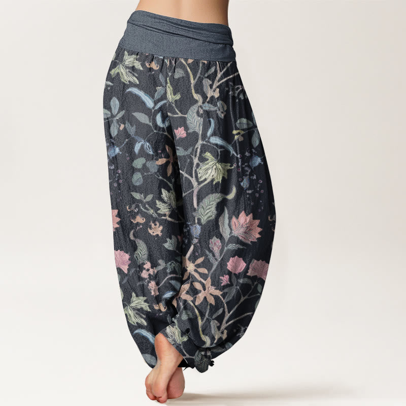 Pantaloni harem da donna con elastico in vita, in puro cotone, con motivo floreale a foglie e viticcio, motivo Buddha Stones - image 1