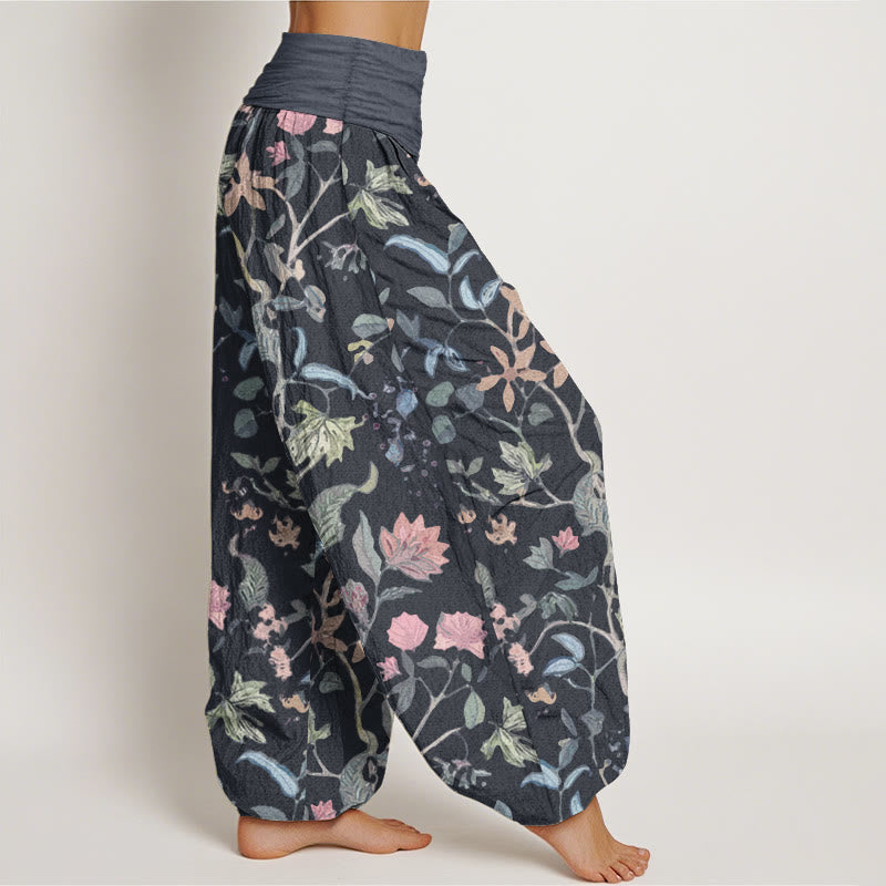 Pantaloni harem da donna con elastico in vita, in puro cotone, con motivo floreale a foglie e viticcio, motivo Buddha Stones
