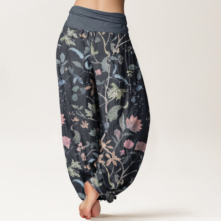 Pantaloni harem da donna con elastico in vita, in puro cotone, con motivo floreale a foglie e viticcio, motivo Buddha Stones