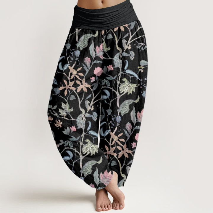 Pantaloni harem da donna con elastico in vita, in puro cotone, con motivo floreale a foglie e viticcio, motivo Buddha Stones