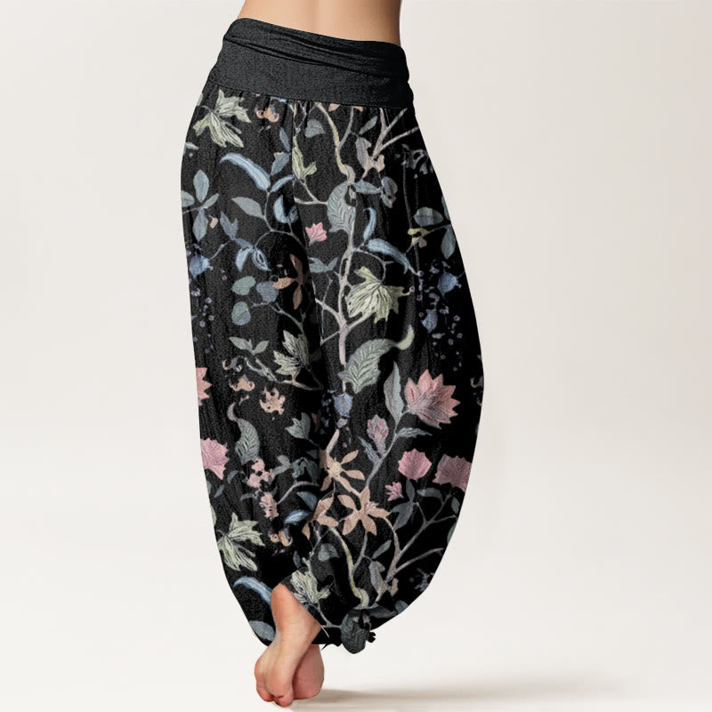Pantaloni harem da donna con elastico in vita, in puro cotone, con motivo floreale a foglie e viticcio, motivo Buddha Stones