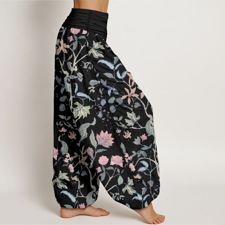 Pantaloni harem da donna con elastico in vita, in puro cotone, con motivo floreale a foglie e viticcio, motivo Buddha Stones