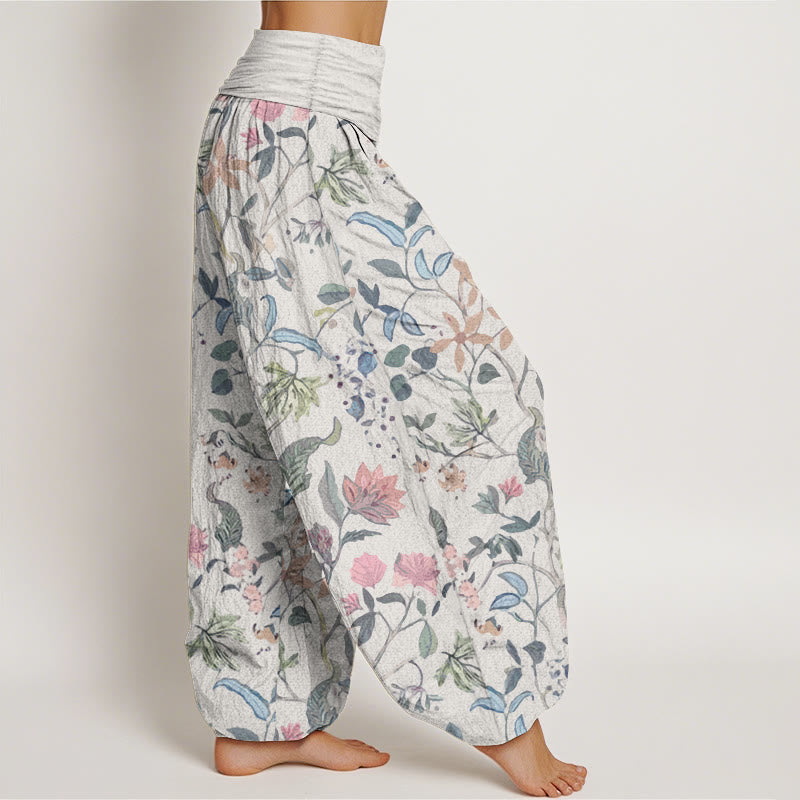 Pantaloni harem da donna con elastico in vita, in puro cotone, con motivo floreale a foglie e viticcio, motivo Buddha Stones