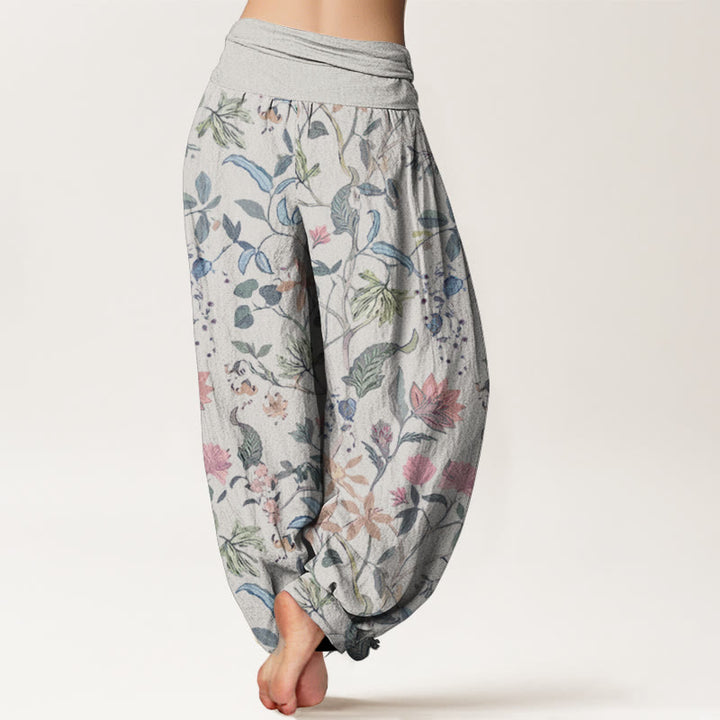 Pantaloni harem da donna con elastico in vita, in puro cotone, con motivo floreale a foglie e viticcio, motivo Buddha Stones
