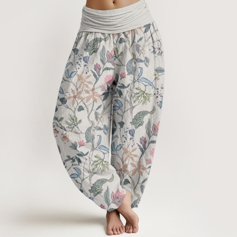Pantaloni harem da donna con elastico in vita, in puro cotone, con motivo floreale a foglie e viticcio, motivo Buddha Stones