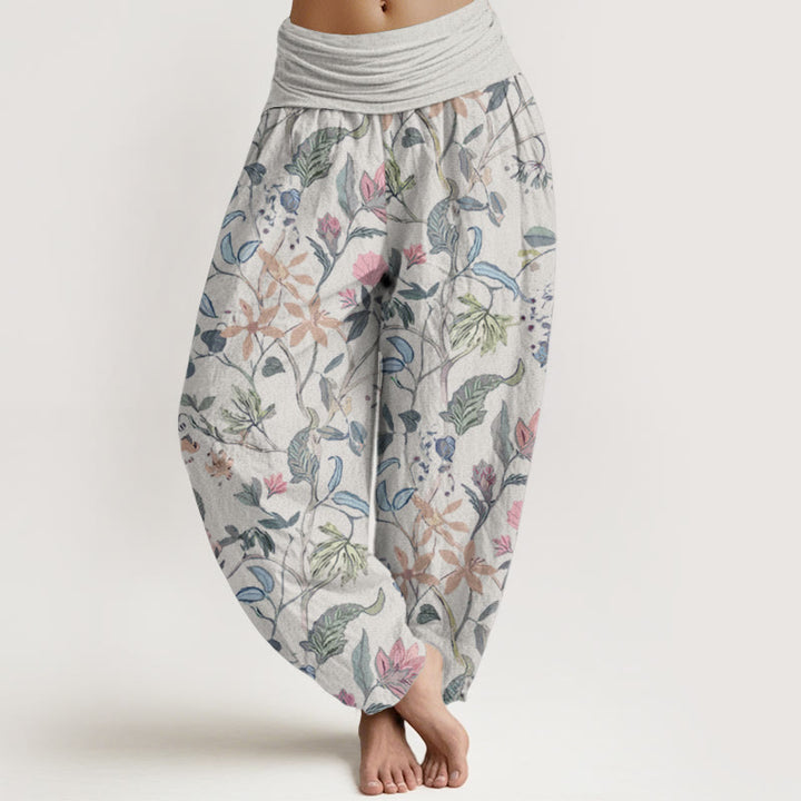 Pantaloni harem da donna con elastico in vita, in puro cotone, con motivo floreale a foglie e viticcio, motivo Buddha Stones