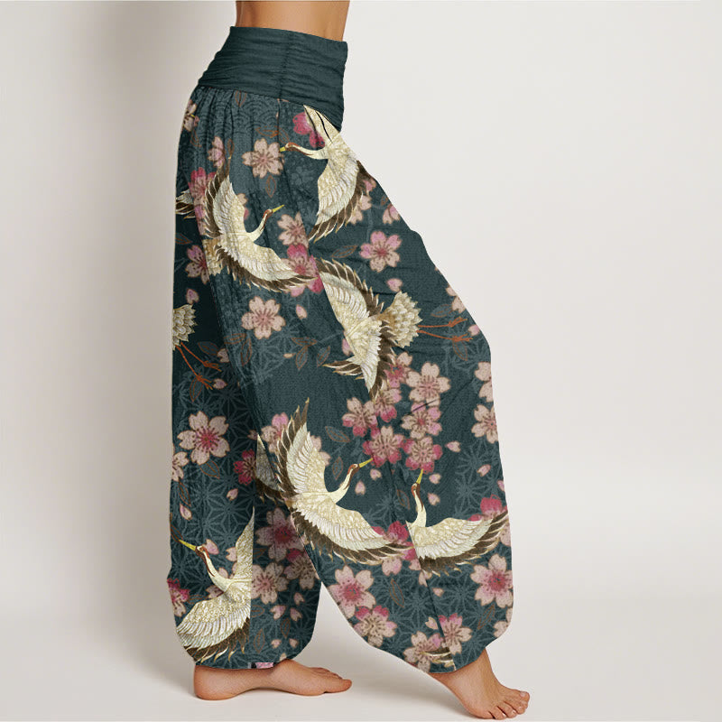 Pantaloni harem da donna con elastico in vita, in puro cotone, con motivo a gru e fiori di pesco, motivo Buddha Stones