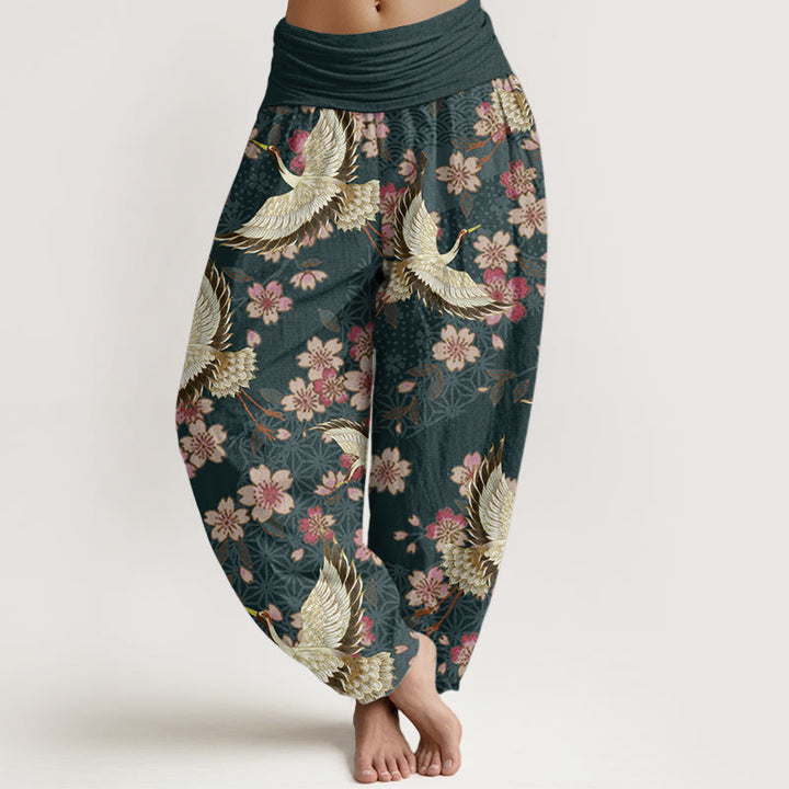 Pantaloni harem da donna con elastico in vita, in puro cotone, con motivo a gru e fiori di pesco, motivo Buddha Stones