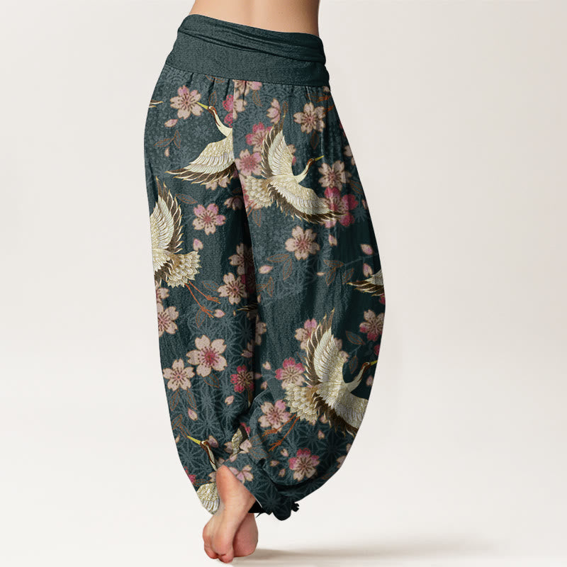 Pantaloni harem da donna con elastico in vita, in puro cotone, con motivo a gru e fiori di pesco, motivo Buddha Stones