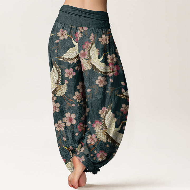 Pantaloni harem da donna con elastico in vita, in puro cotone, con motivo a gru e fiori di pesco, motivo Buddha Stones