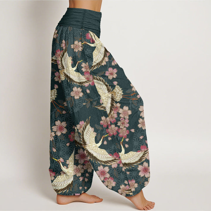 Pantaloni harem da donna con elastico in vita, in puro cotone, con motivo a gru e fiori di pesco, motivo Buddha Stones - image 2