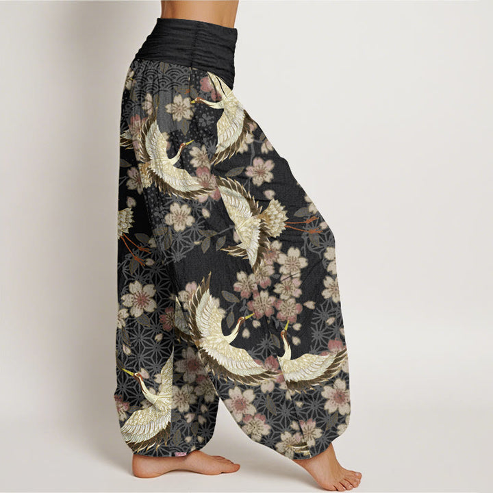 Pantaloni harem da donna con elastico in vita, in puro cotone, con motivo a gru e fiori di pesco, motivo Buddha Stones