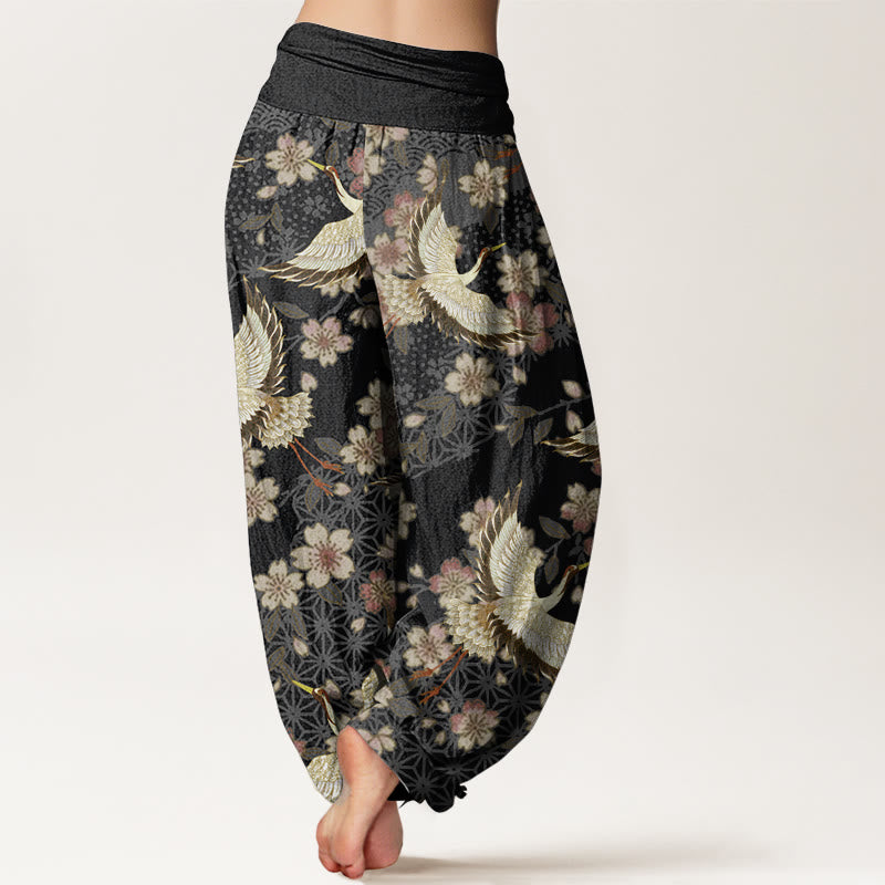 Pantaloni harem da donna con elastico in vita, in puro cotone, con motivo a gru e fiori di pesco, motivo Buddha Stones