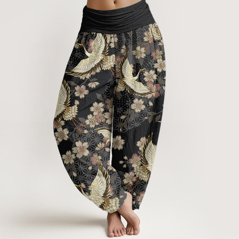 Pantaloni harem da donna con elastico in vita, in puro cotone, con motivo a gru e fiori di pesco, motivo Buddha Stones - Nero - US22, UK/AU26, EU54 (6XL) - image 8