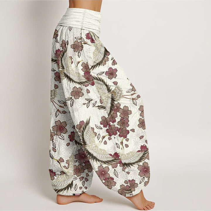 Pantaloni harem da donna con elastico in vita, in puro cotone, con motivo a gru e fiori di pesco, motivo Buddha Stones