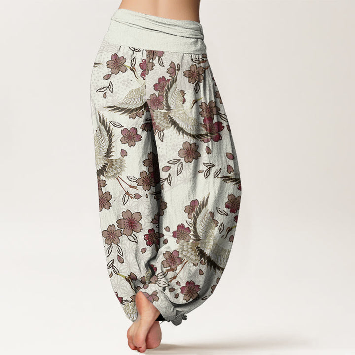 Pantaloni harem da donna con elastico in vita, in puro cotone, con motivo a gru e fiori di pesco, motivo Buddha Stones