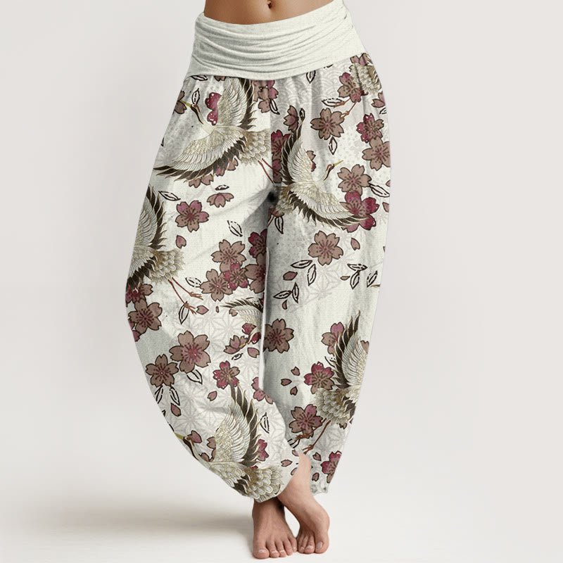 Pantaloni harem da donna con elastico in vita, in puro cotone, con motivo a gru e fiori di pesco, motivo Buddha Stones