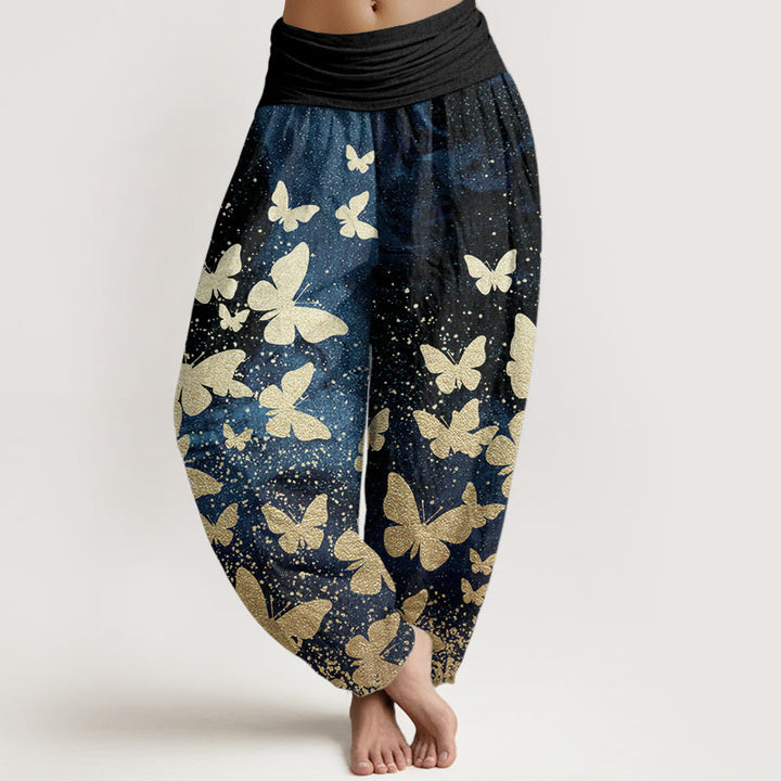 Pantaloni harem da donna con elastico in vita, casual, in puro cotone, con motivo a farfalla dorata, motivo Buddha Stones