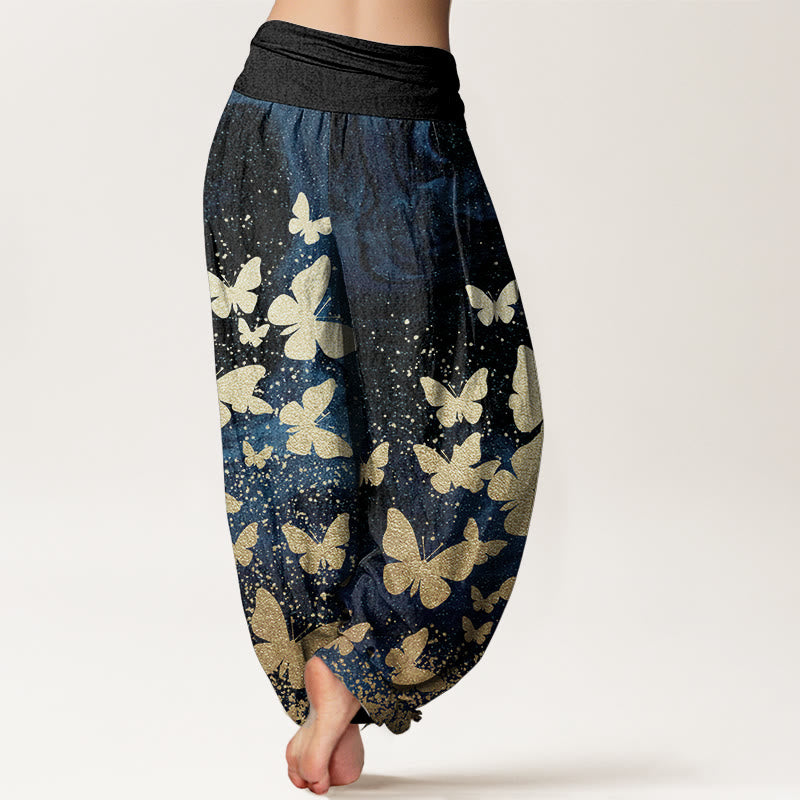 Pantaloni harem da donna con elastico in vita, casual, in puro cotone, con motivo a farfalla dorata, motivo Buddha Stones