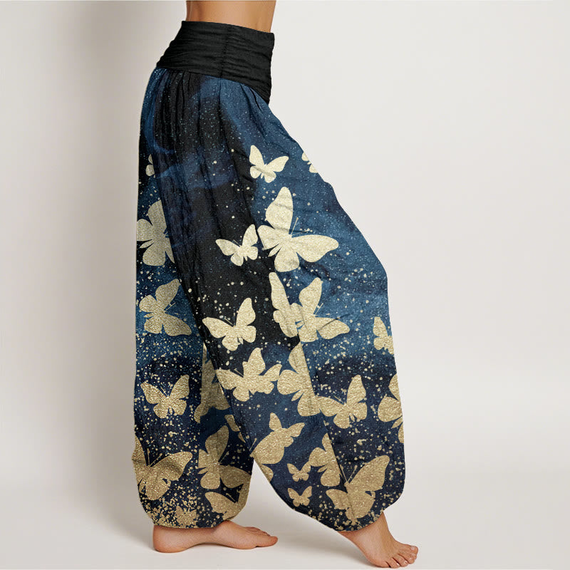 Pantaloni harem da donna con elastico in vita, casual, in puro cotone, con motivo a farfalla dorata, motivo Buddha Stones