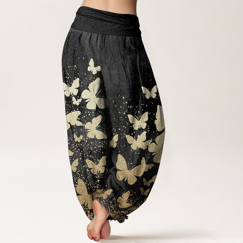 Pantaloni harem da donna con elastico in vita, casual, in puro cotone, con motivo a farfalla dorata, motivo Buddha Stones
