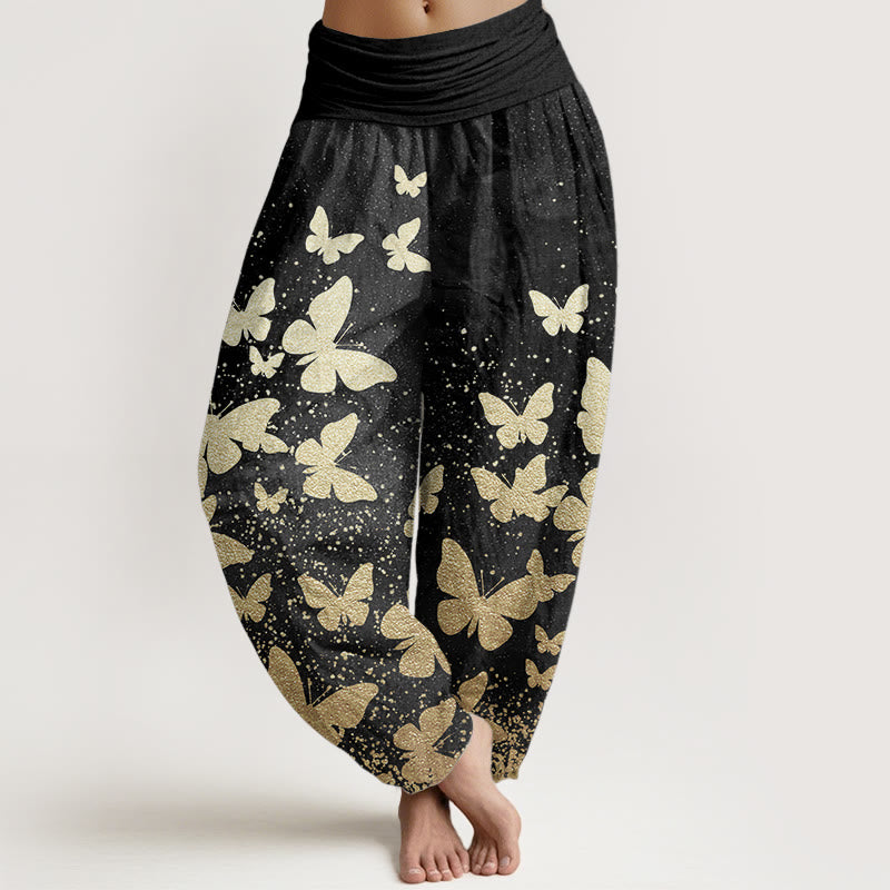 Pantaloni harem da donna con elastico in vita, casual, in puro cotone, con motivo a farfalla dorata, motivo Buddha Stones