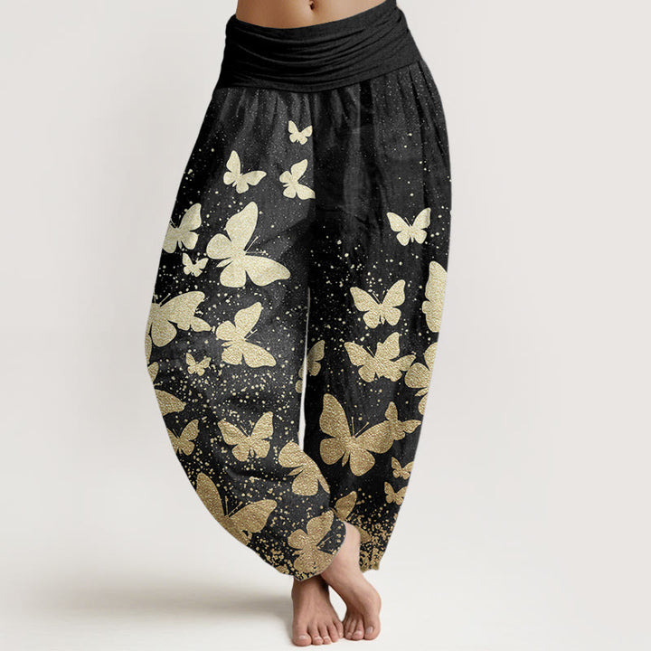 Pantaloni harem da donna con elastico in vita, casual, in puro cotone, con motivo a farfalla dorata, motivo Buddha Stones