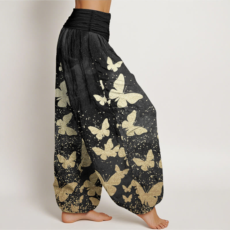 Pantaloni harem da donna con elastico in vita, casual, in puro cotone, con motivo a farfalla dorata, motivo Buddha Stones