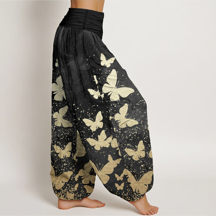 Pantaloni harem da donna con elastico in vita, casual, in puro cotone, con motivo a farfalla dorata, motivo Buddha Stones
