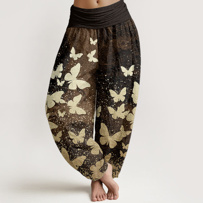 Pantaloni harem da donna con elastico in vita, casual, in puro cotone, con motivo a farfalla dorata, motivo Buddha Stones