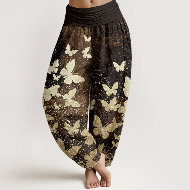 Pantaloni harem da donna con elastico in vita, casual, in puro cotone, con motivo a farfalla dorata, motivo Buddha Stones
