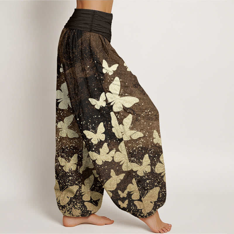 Pantaloni harem da donna con elastico in vita, casual, in puro cotone, con motivo a farfalla dorata, motivo Buddha Stones