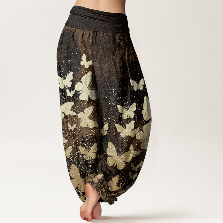 Pantaloni harem da donna con elastico in vita, casual, in puro cotone, con motivo a farfalla dorata, motivo Buddha Stones