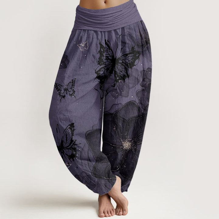 Pantaloni harem da donna in cotone con elastico in vita, motivo a farfalle e fiori, modello Buddha Stones