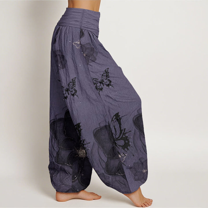 Pantaloni harem da donna in cotone con elastico in vita, motivo a farfalle e fiori, modello Buddha Stones