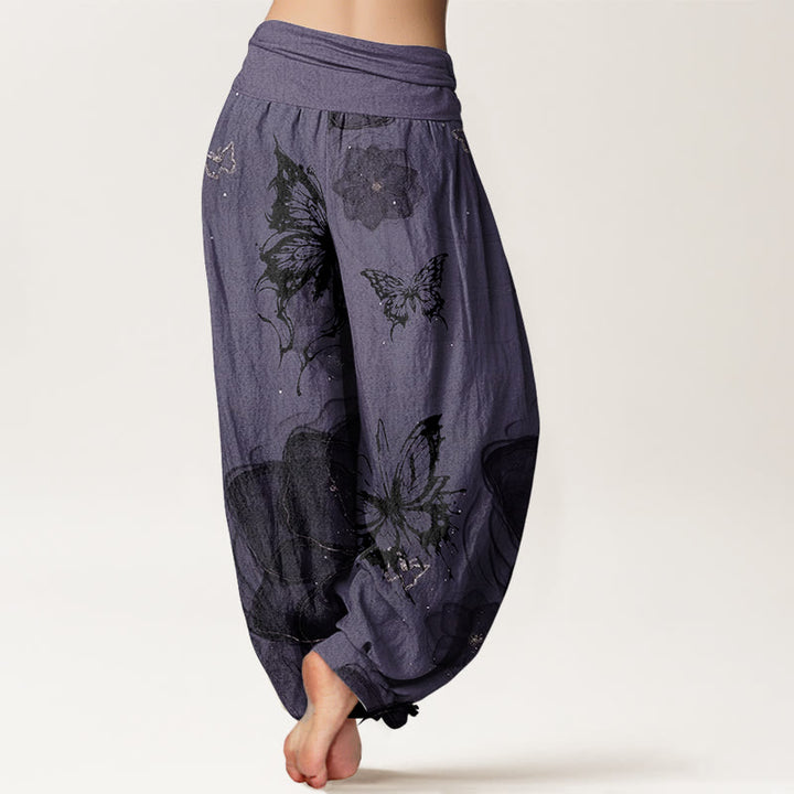 Pantaloni harem da donna in cotone con elastico in vita, motivo a farfalle e fiori, modello Buddha Stones