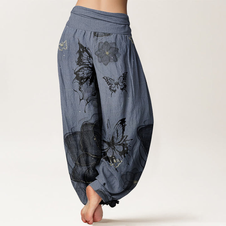 Pantaloni harem da donna in cotone con elastico in vita, motivo a farfalle e fiori, modello Buddha Stones