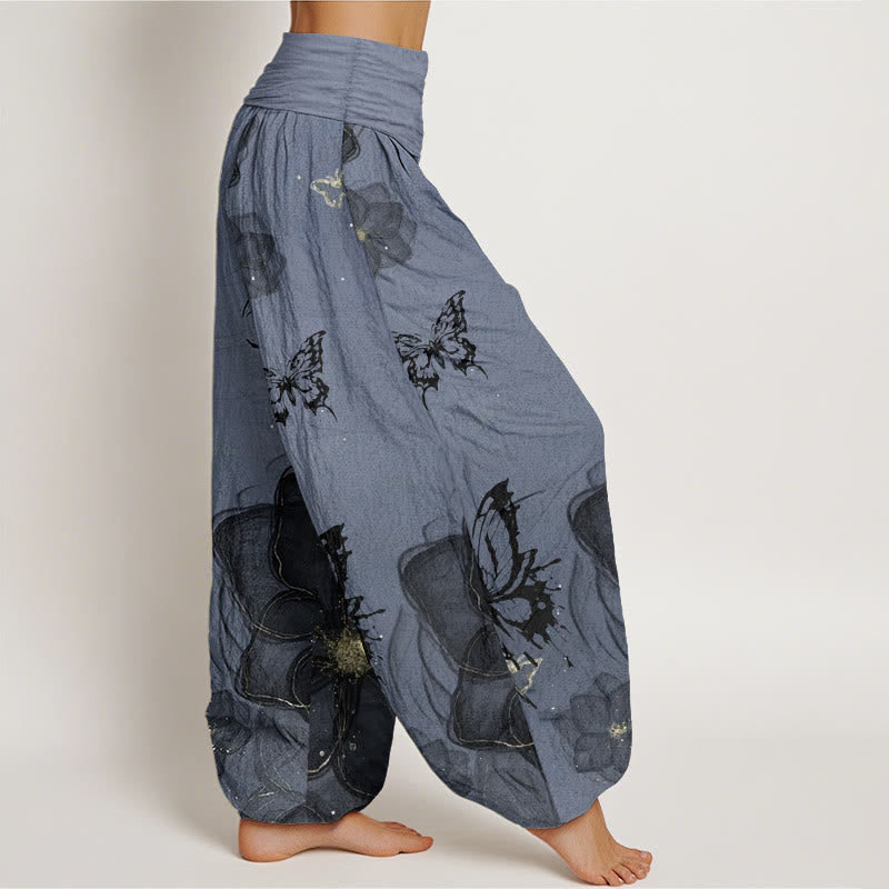 Pantaloni harem da donna in cotone con elastico in vita, motivo a farfalle e fiori, modello Buddha Stones