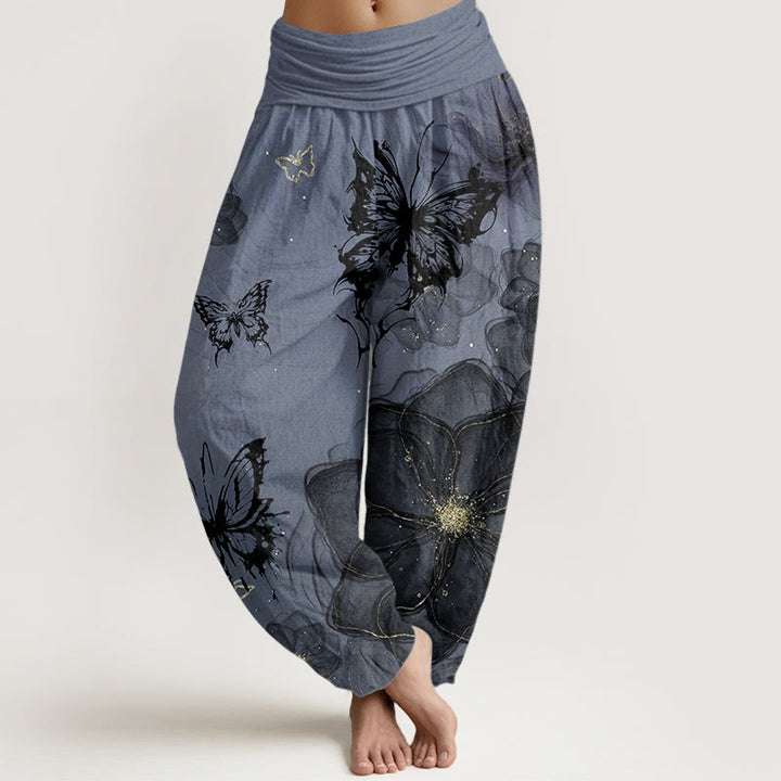 Pantaloni harem da donna in cotone con elastico in vita, motivo a farfalle e fiori, modello Buddha Stones