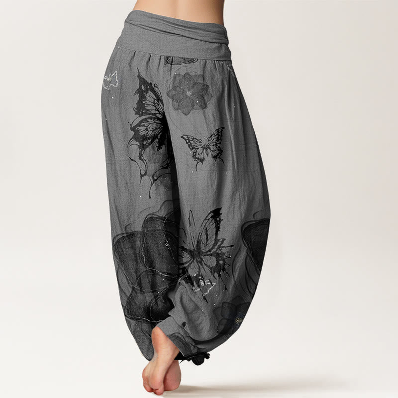 Pantaloni harem da donna in cotone con elastico in vita, motivo a farfalle e fiori, modello Buddha Stones