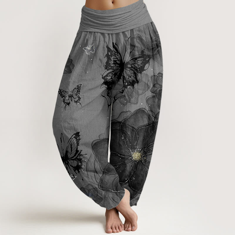 Pantaloni harem da donna in cotone con elastico in vita, motivo a farfalle e fiori, modello Buddha Stones