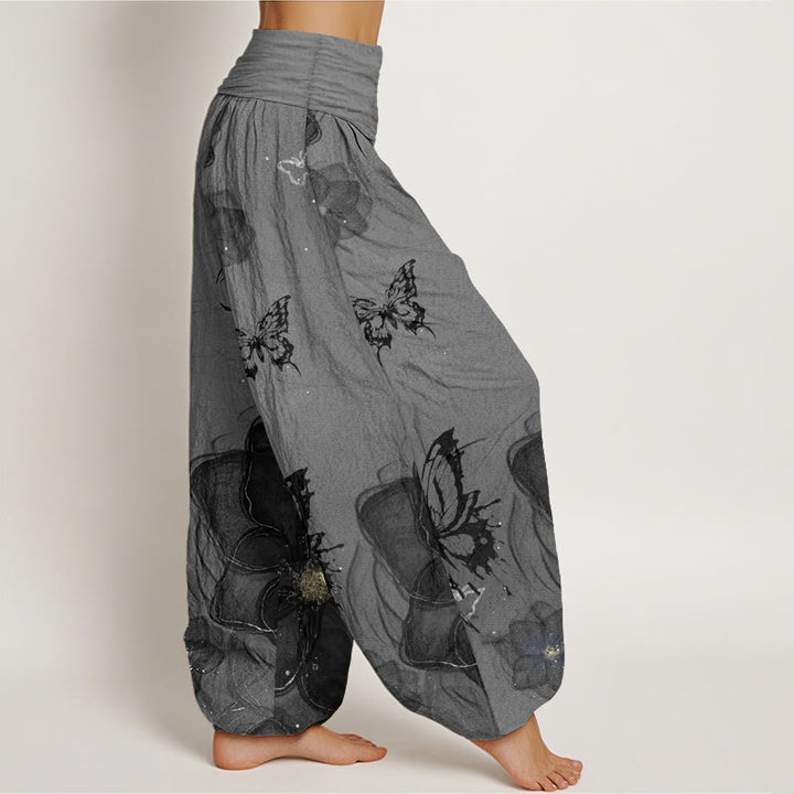 Pantaloni harem da donna in cotone con elastico in vita, motivo a farfalle e fiori, modello Buddha Stones