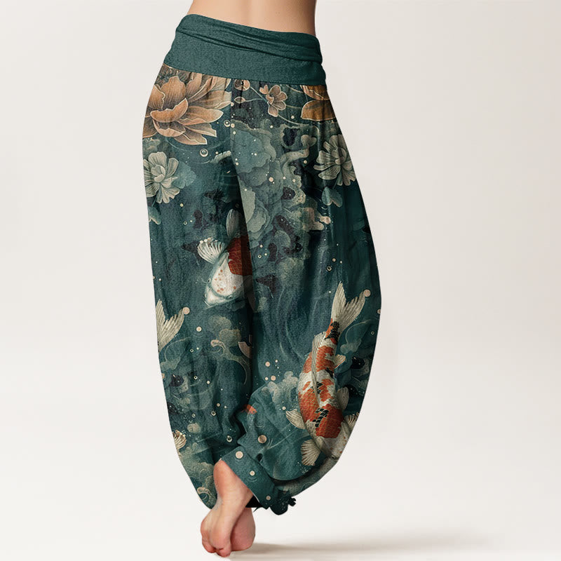 Pantaloni harem da donna con elastico in vita, in puro cotone, con motivo a Buddha Stones koi colorati e fiori di loto.