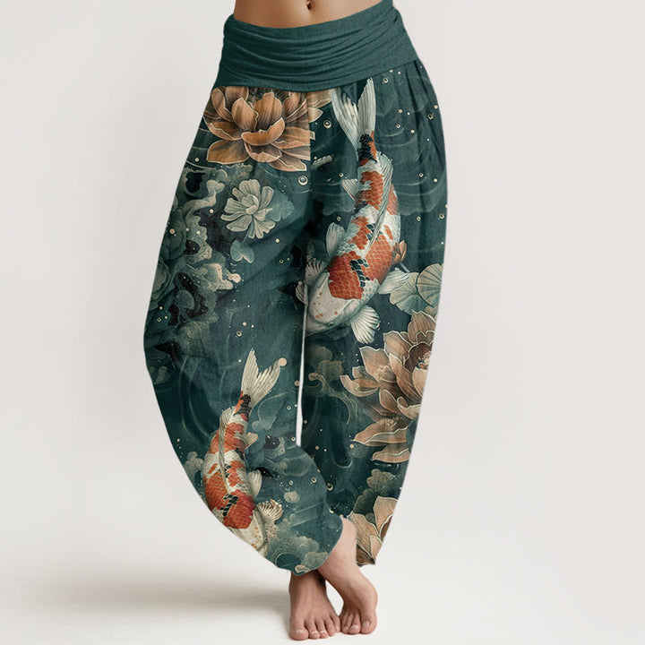 Pantaloni harem da donna con elastico in vita, in puro cotone, con motivo a Buddha Stones koi colorati e fiori di loto.